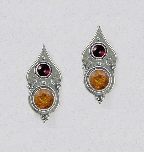 Sterling Silver Gothic Look Post Stud Earrings With Amber And Garnet